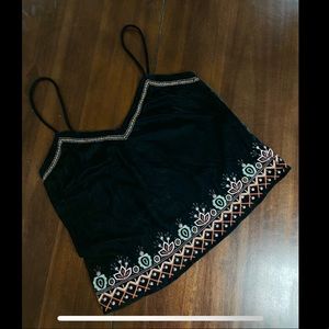 Black Crushed Velvet Embroidered Tank Top